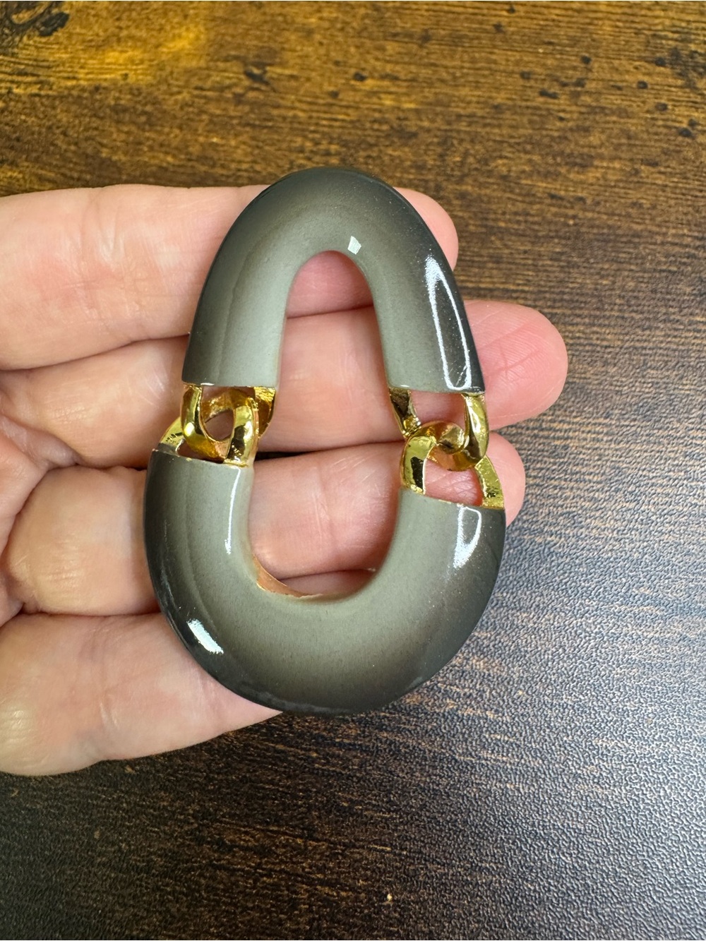 Modern Gray Enamel Link Necklace Pendant with Gold Accents